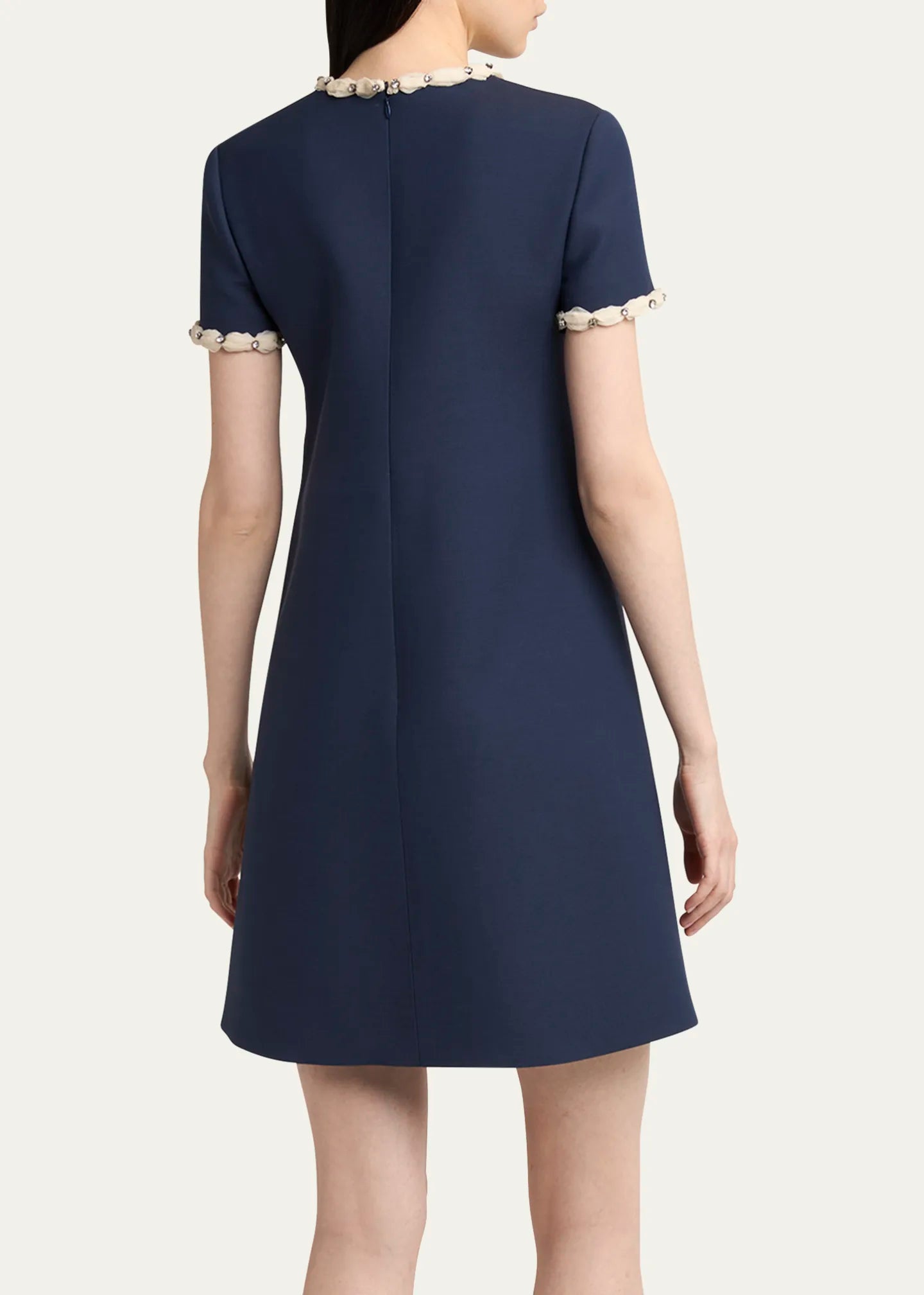 Rhinestone Embroidered Crepe Mini Dress in Navy Blue