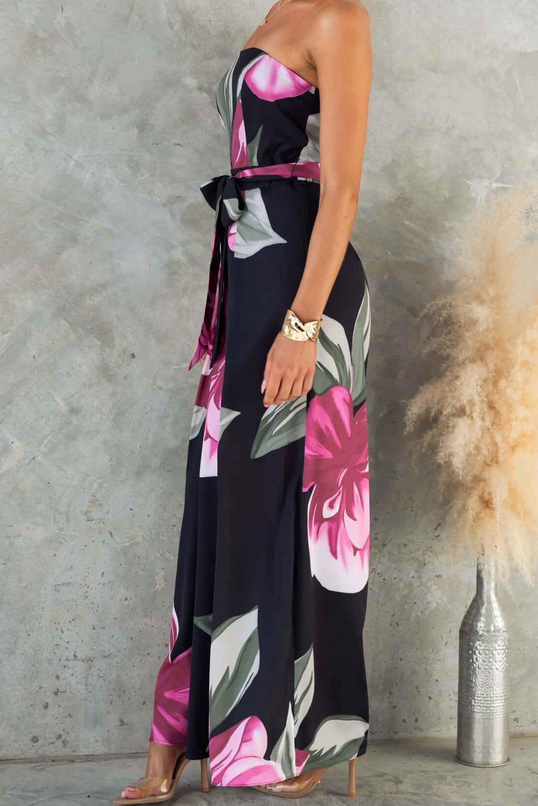 Black Floral Print Maxi Dress with Belt