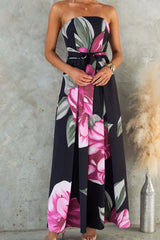 Black Floral Print Maxi Dress with Belt