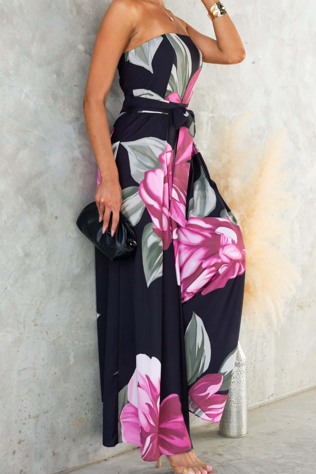 Black Floral Print Maxi Dress with Belt