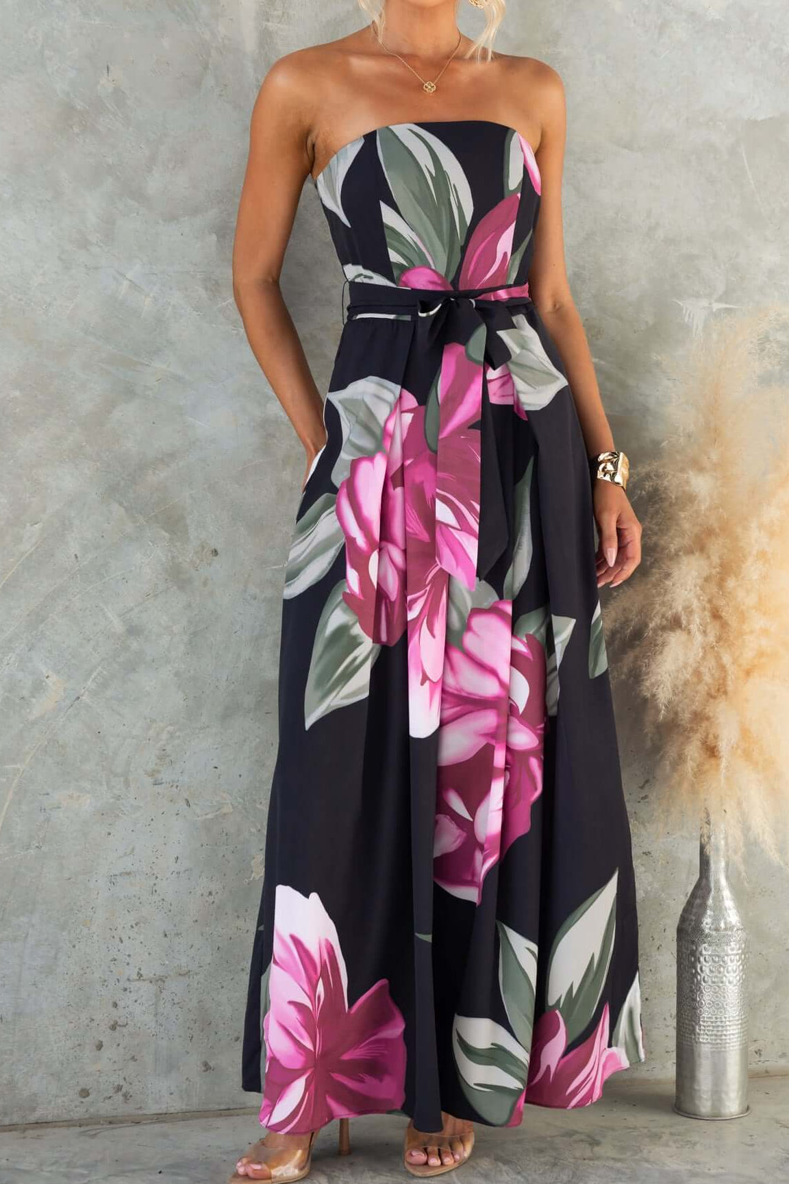 Black Floral Print Maxi Dress with Belt