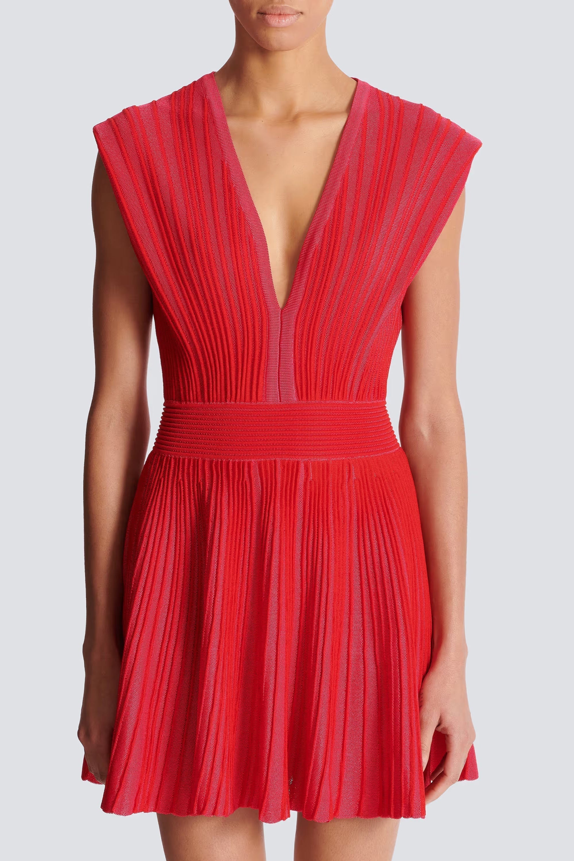 V-Neck Sleeveless Knit Mini Dress in Red