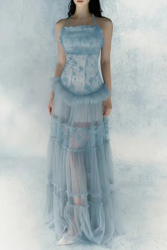 Lace Splicing Maxi Dress in Blue