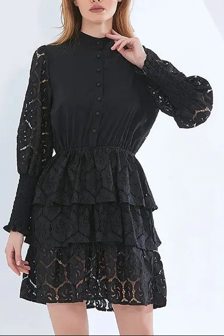 Long Sleeves Layered Lace Mini Dress in black