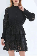 Long Sleeves Layered Lace Mini Dress in black