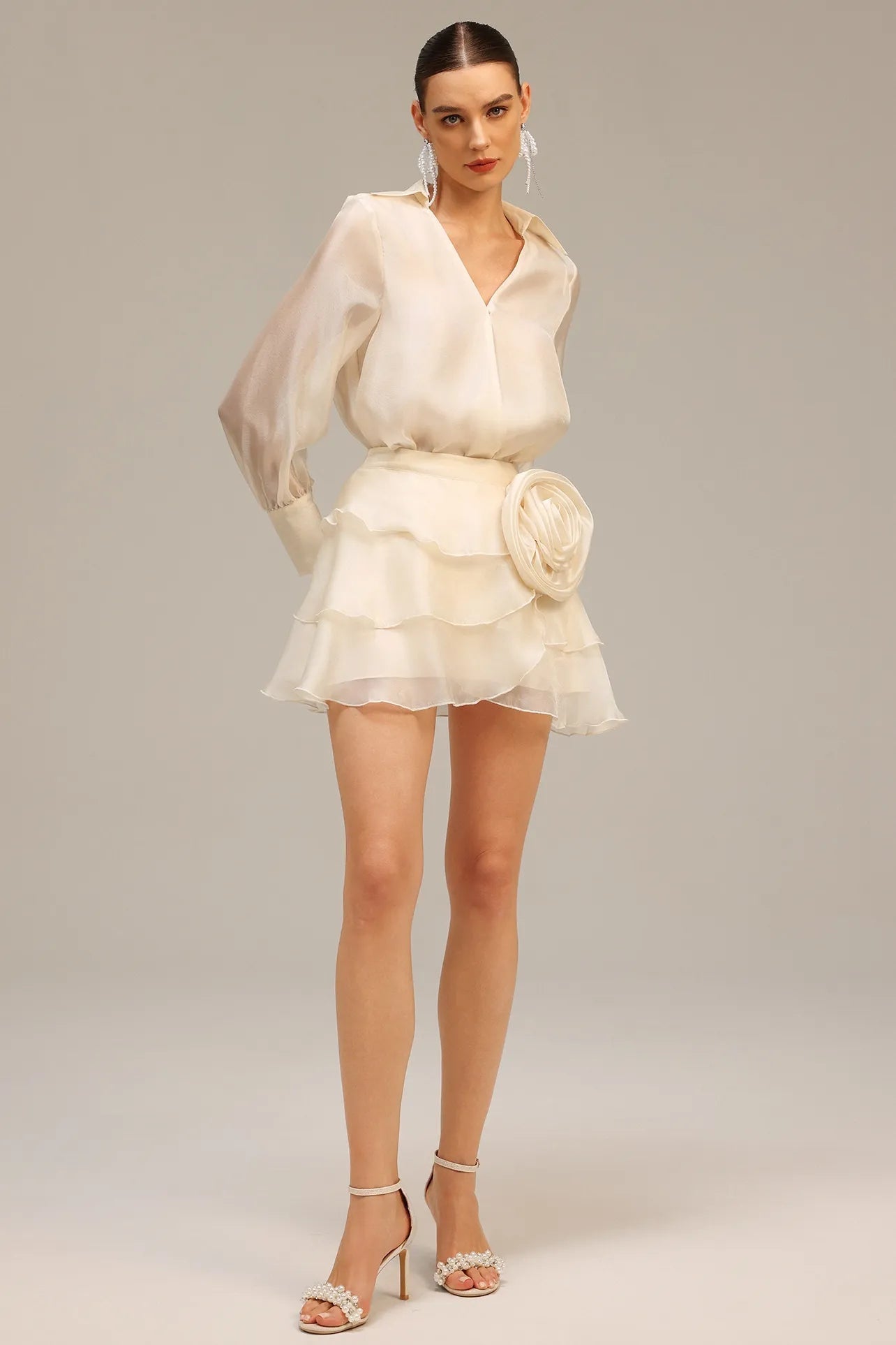 Wrap V-Neck Organza Shirt Mini Dress in Apricot