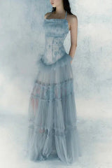 Lace Splicing Maxi Dress in Blue