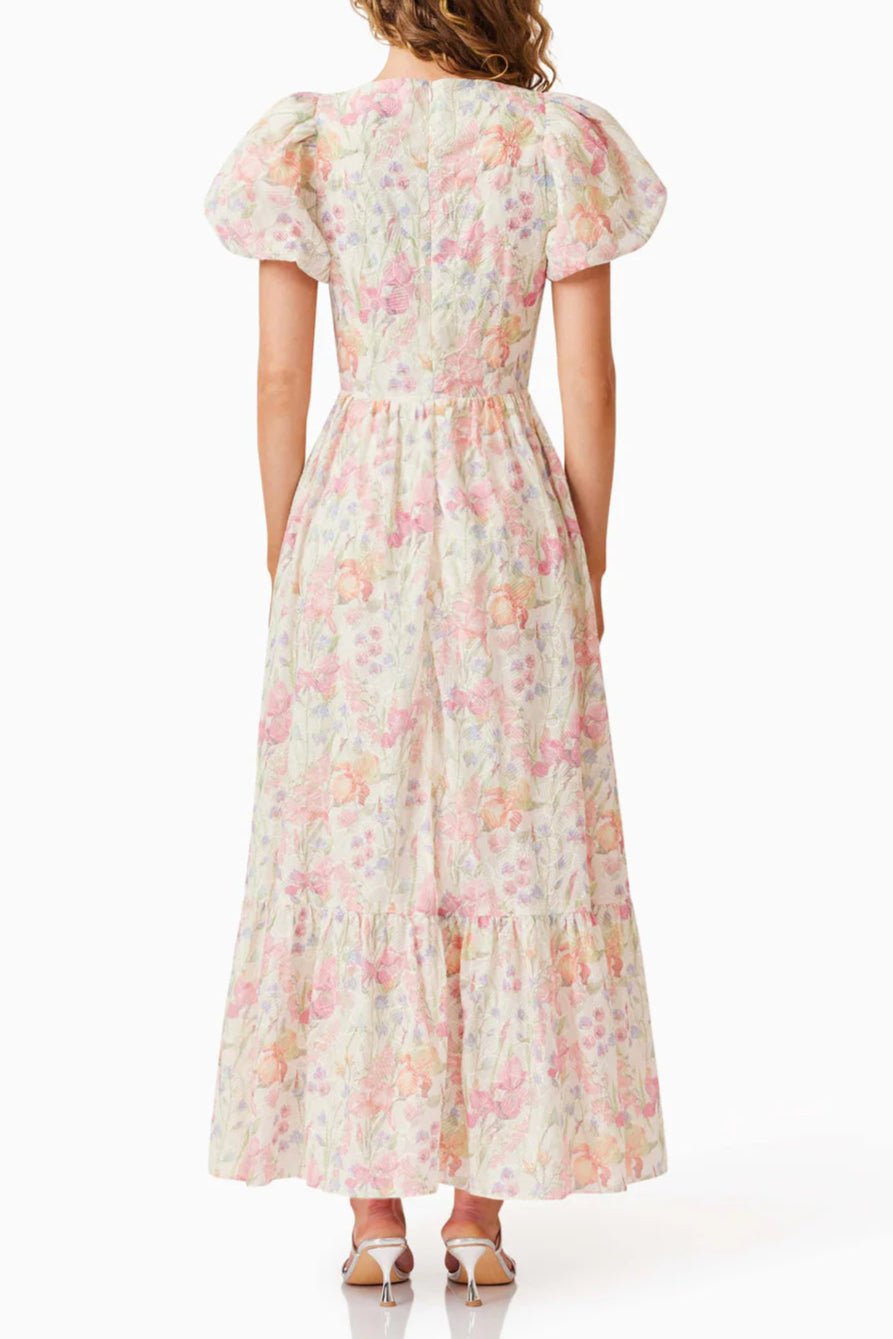 V-Neck Puff Sleeves Floral Maxi Dress in Pink