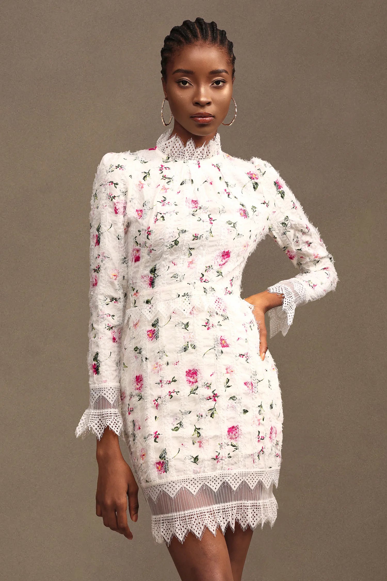 Lace-Trim Long-Sleeve Floral Midi Dress in White