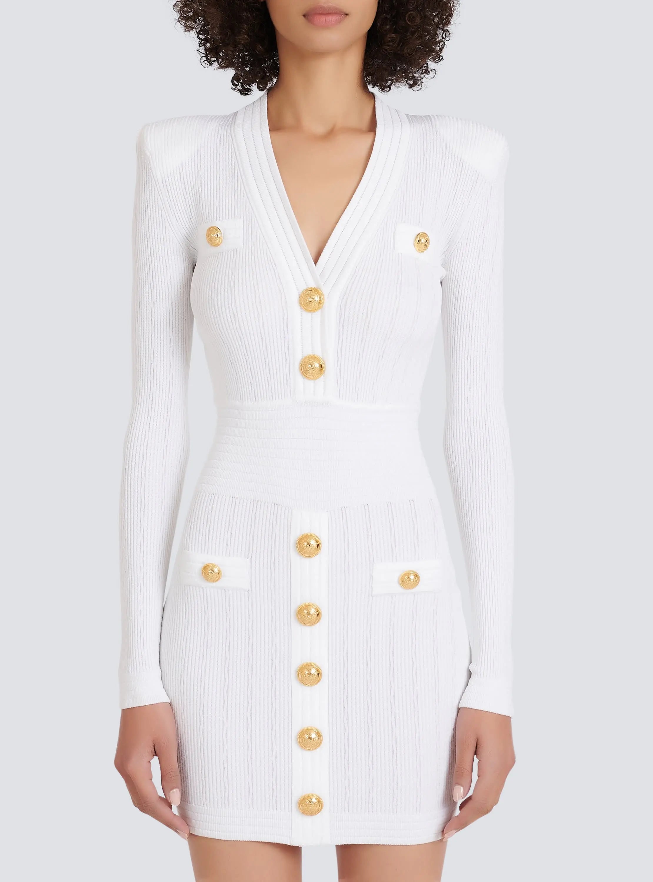 V-Neck Button-Detail Ribbed Mini Dress in White