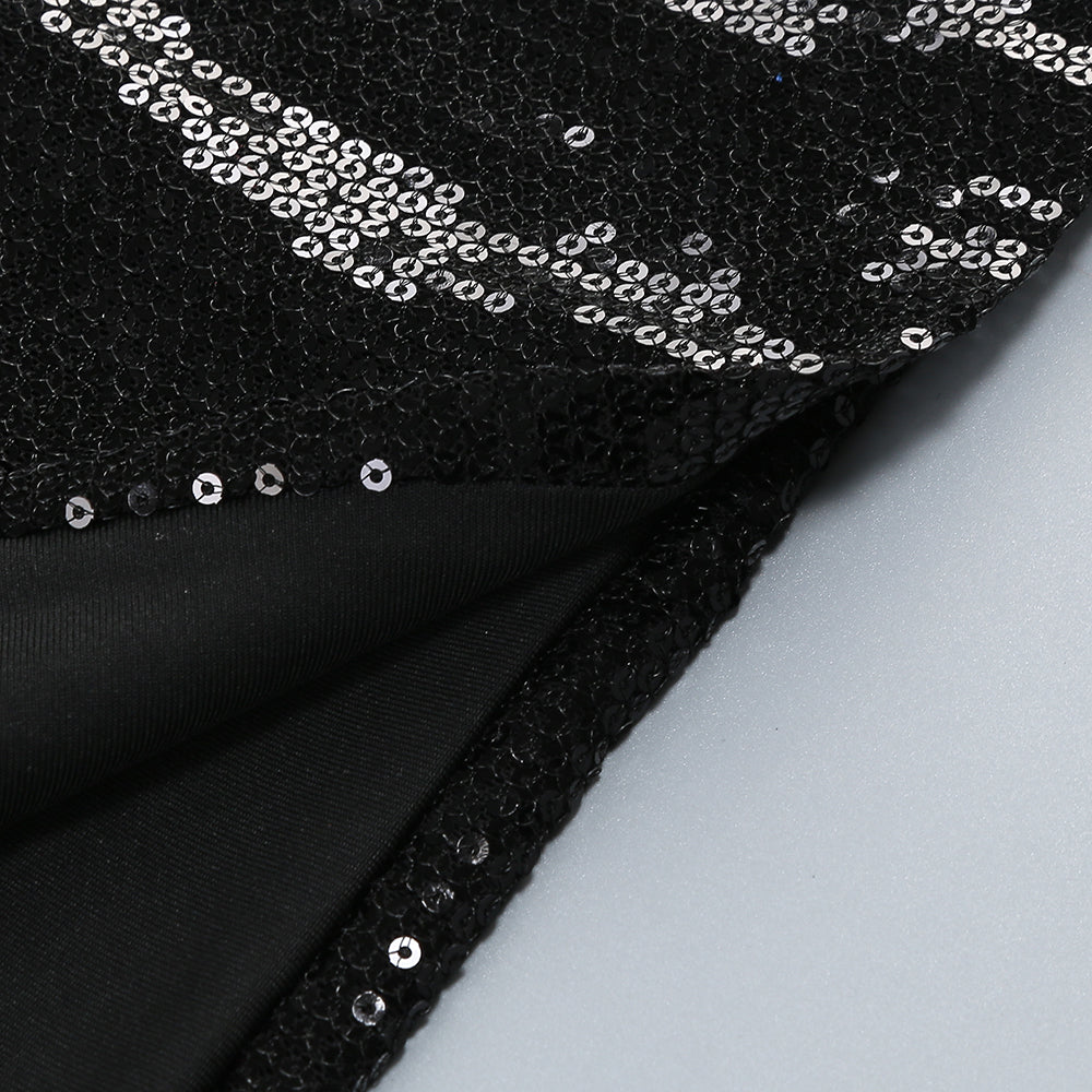 off-Shoulder Sequin Prom Maxi Dress in Black