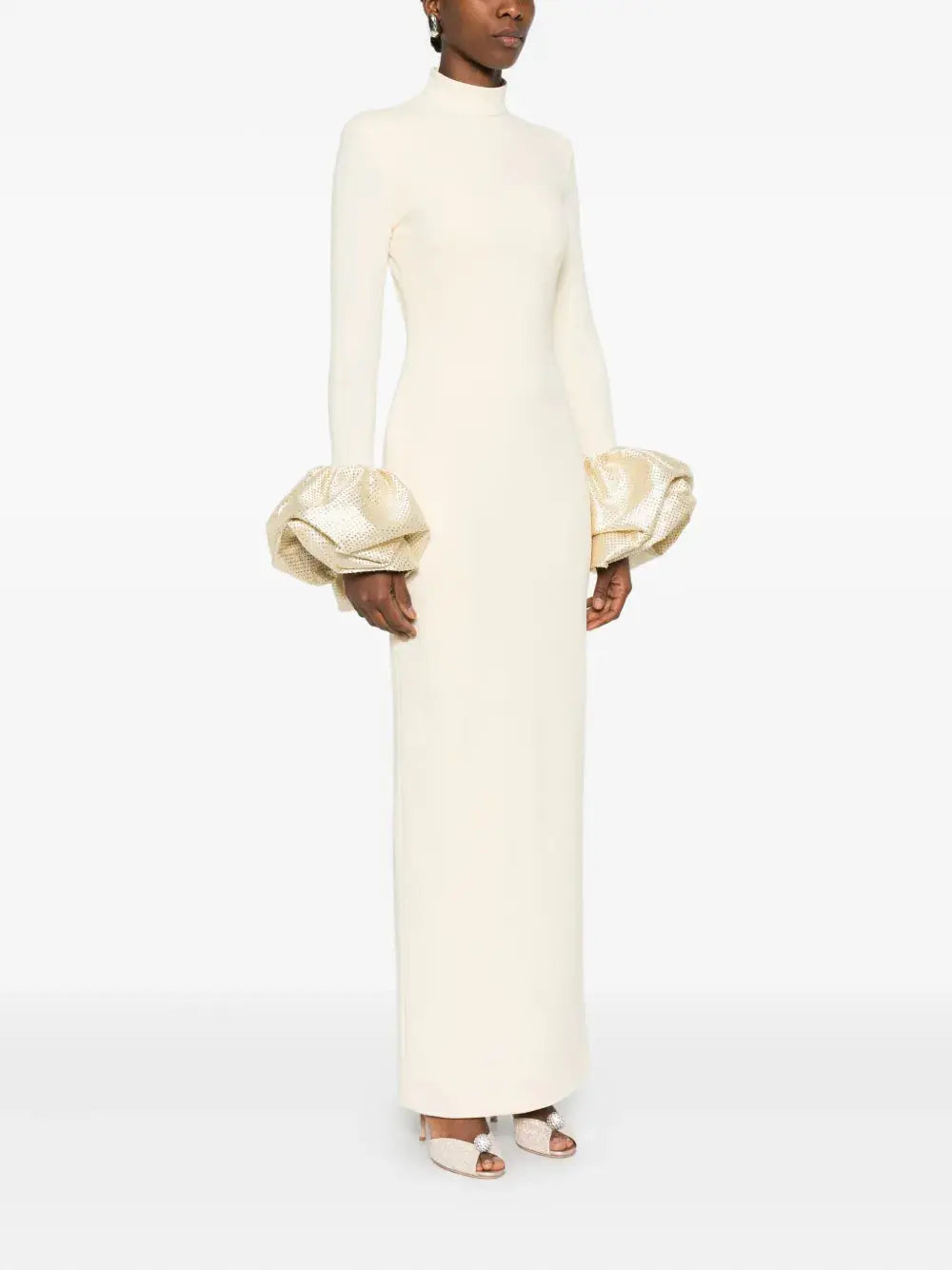 White Ruffled Crystal-Embellished crepe Mock-Neck Gown