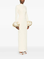 White Ruffled Crystal-Embellished crepe Mock-Neck Gown