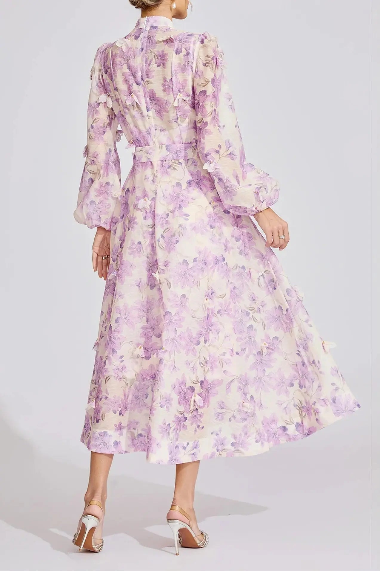 Floral Print Lantern Sleeve Maxi Dress in Purple