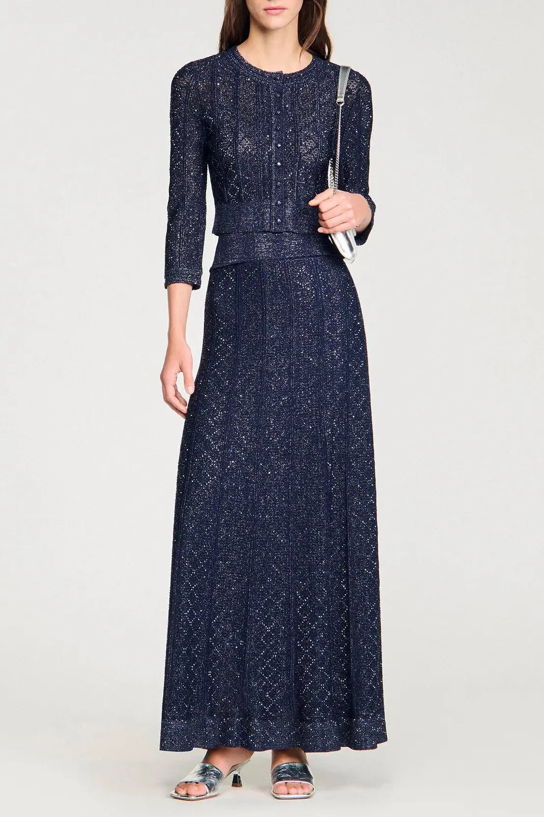 Strass Knit Cropped Cardigan in Navy Blue