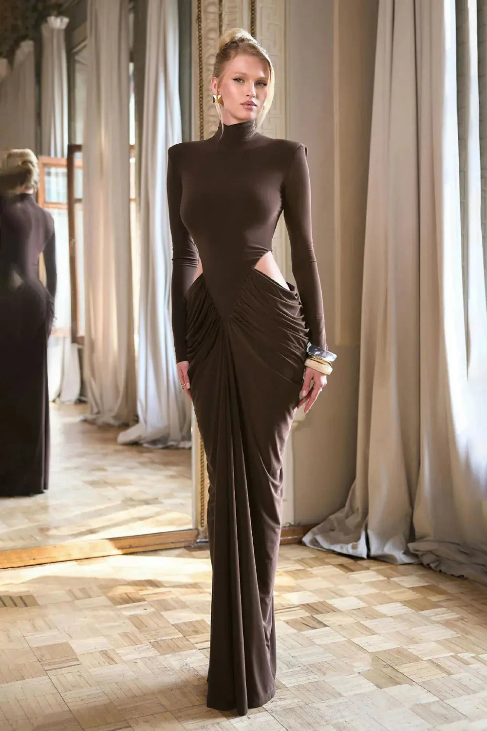 Turtleneck Long Sleeve Cutout Bodycon Gown in Brown