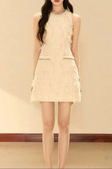Feathery Sleeveless A-line Mini Dress in Beige