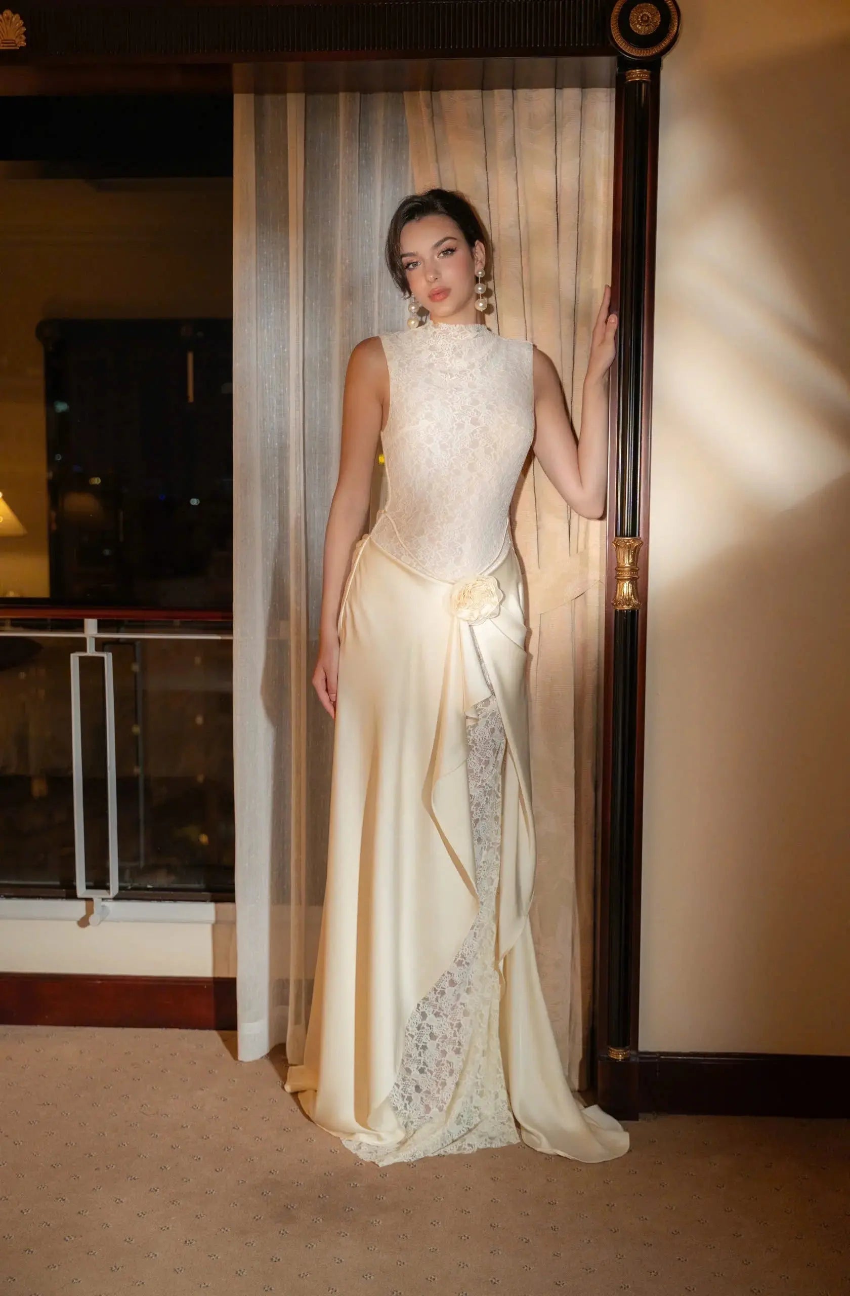 Flower Embellished Sleeveless Lace Maxi Dress in White