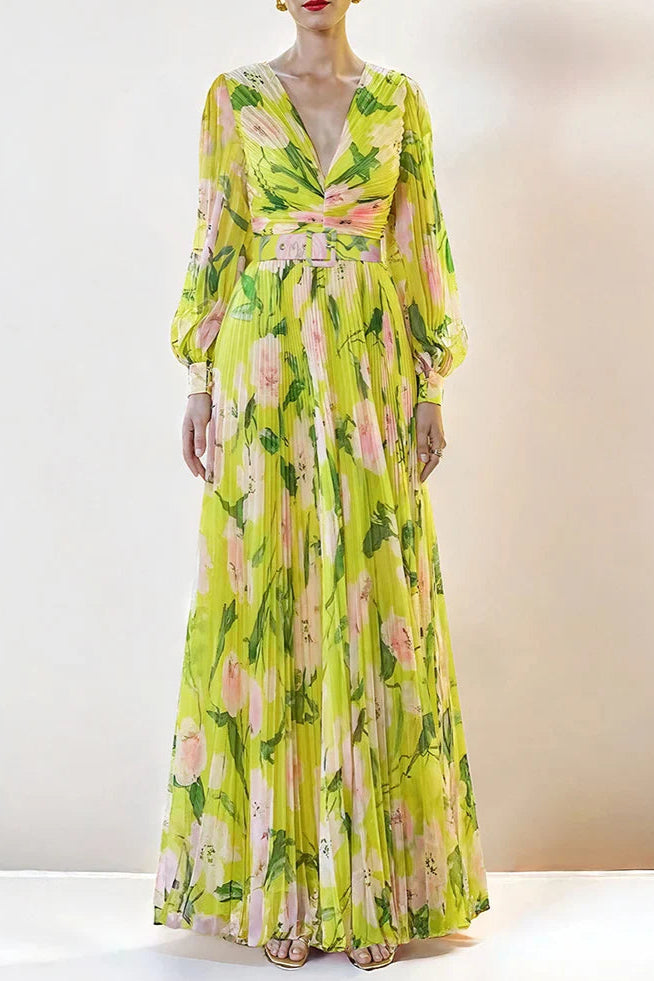 V-Neck Silk Printed Maxi Dress in Yellow