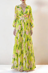 V-Neck Silk Printed Maxi Dress in Yellow