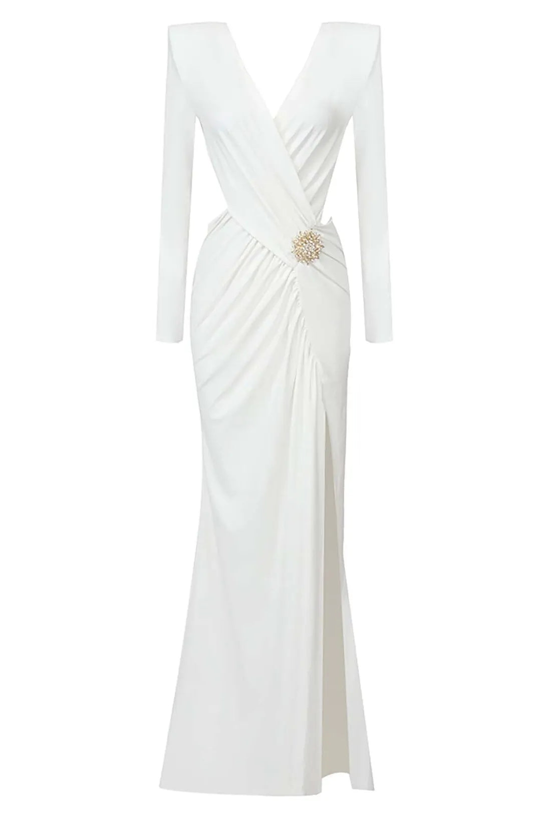 V-neck Ruched Cutout Maxi Dress in White