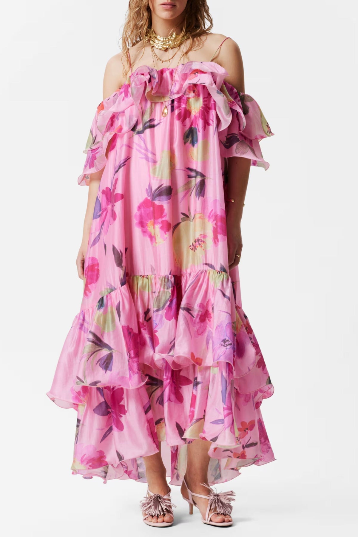 Off-Shoulder Floral Printed Ruffle Maxi Dress in Rose Red