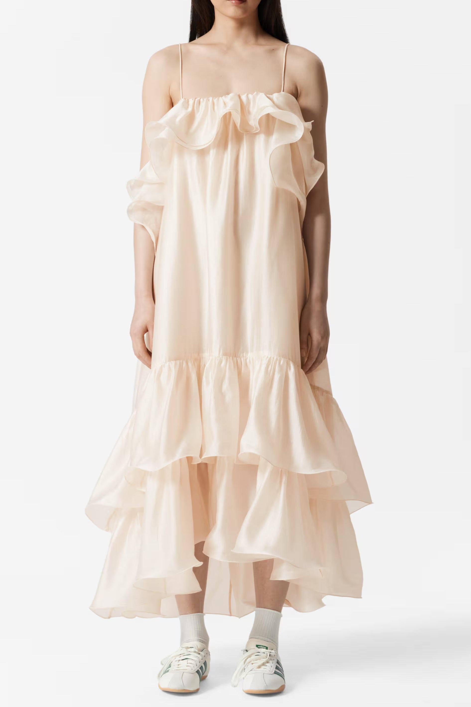 Off-Shoulder Floral Printed Ruffle Maxi Dress in Beige