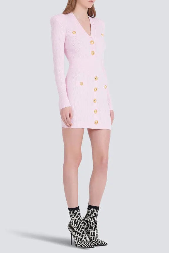 V-Neck Button-Detail Ribbed Mini Dress in Pink