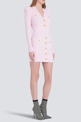 V-Neck Button-Detail Ribbed Mini Dress in Pink