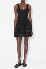 Ribbed Pointelle Knit Mini Dress in Black