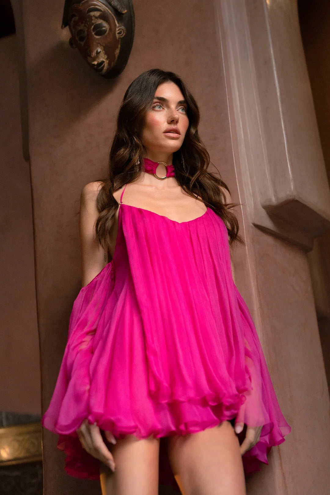 Halter Neck Lace-Up Backless Mini Dress - Fuchsia