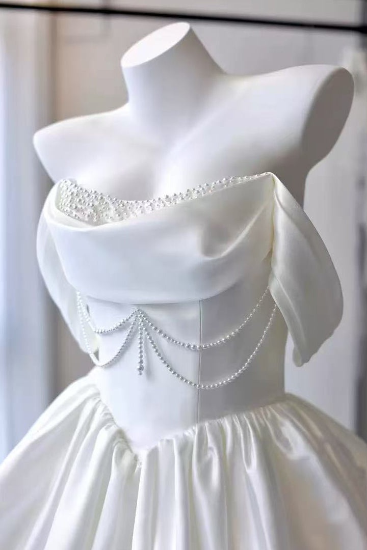 White Satin Off Shoulder Mini Dress