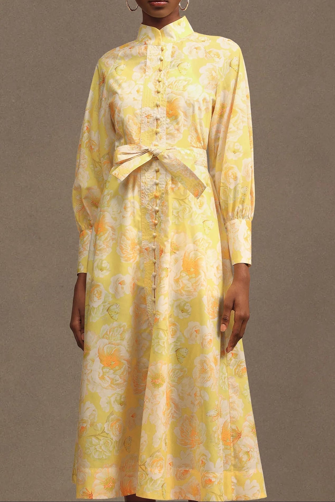 Long Sleeve Floral Printed Maxi Dress in Yellow