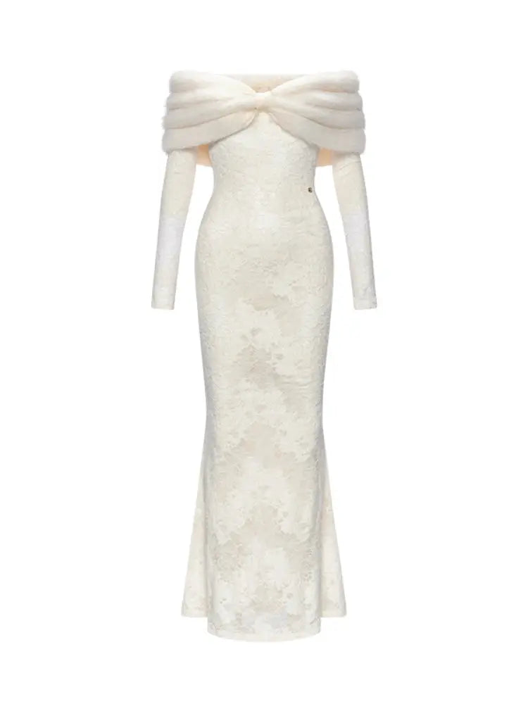 Off-Shoulder Fur Collar Long Sleeve Lace Maxi Dress in White