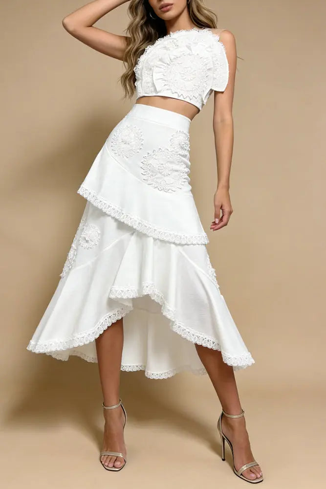 Ruffled Top Floral Embroidered Skirt Set - White