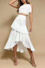 Ruffled Top Floral Embroidered Skirt Set - White