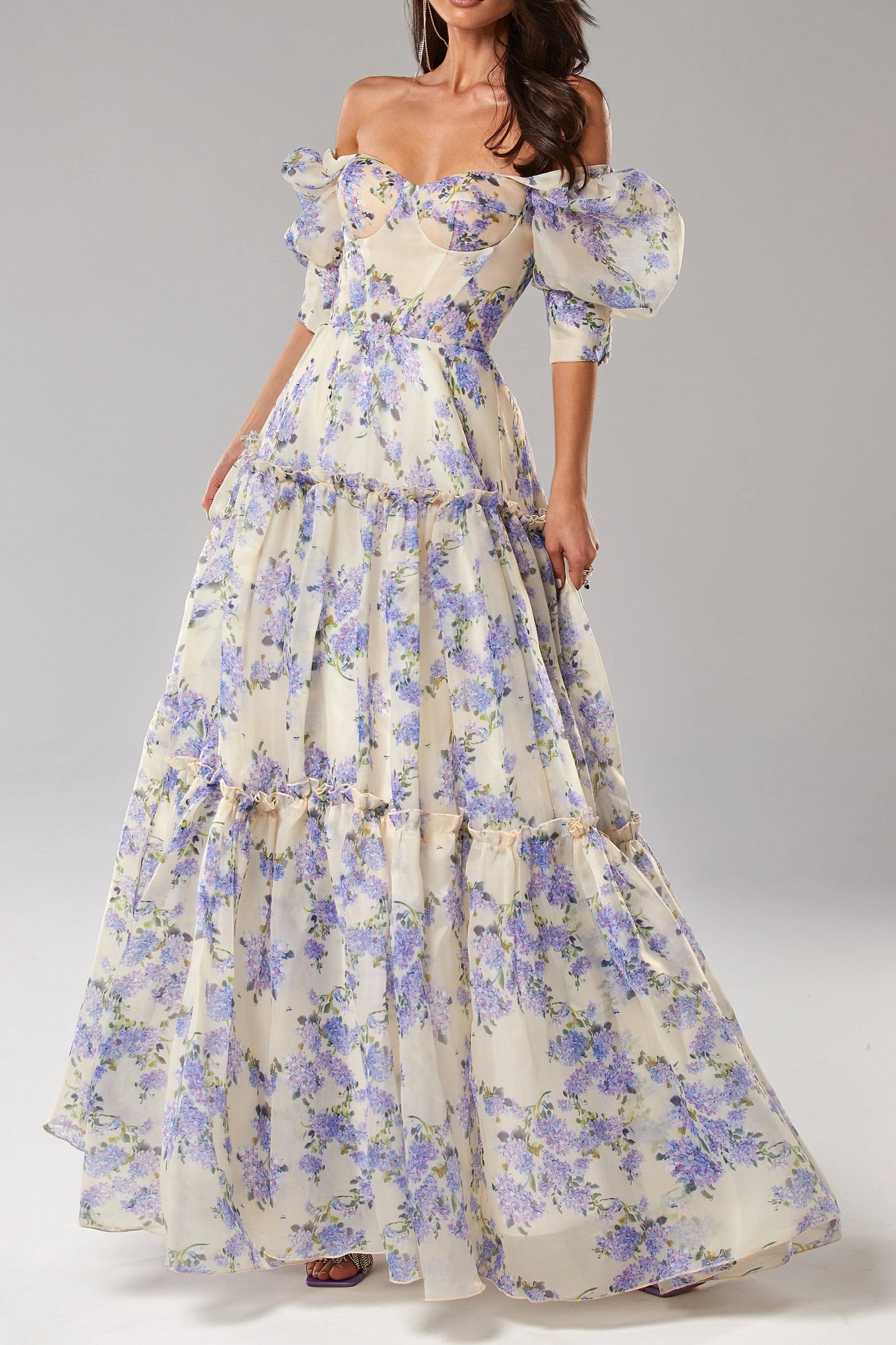 Print Voluminous Sleeves Maxi Dress in Blue