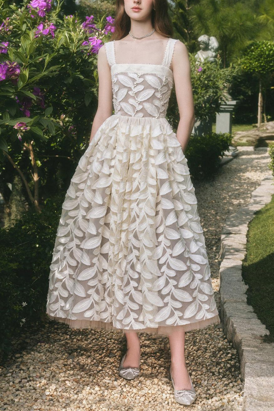 A-line Square Neck Lace Midi Dress in Cream White