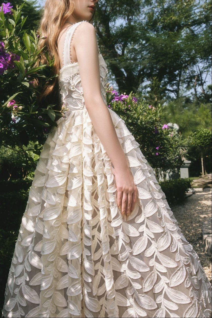 A-line Square Neck Lace Midi Dress in Cream White