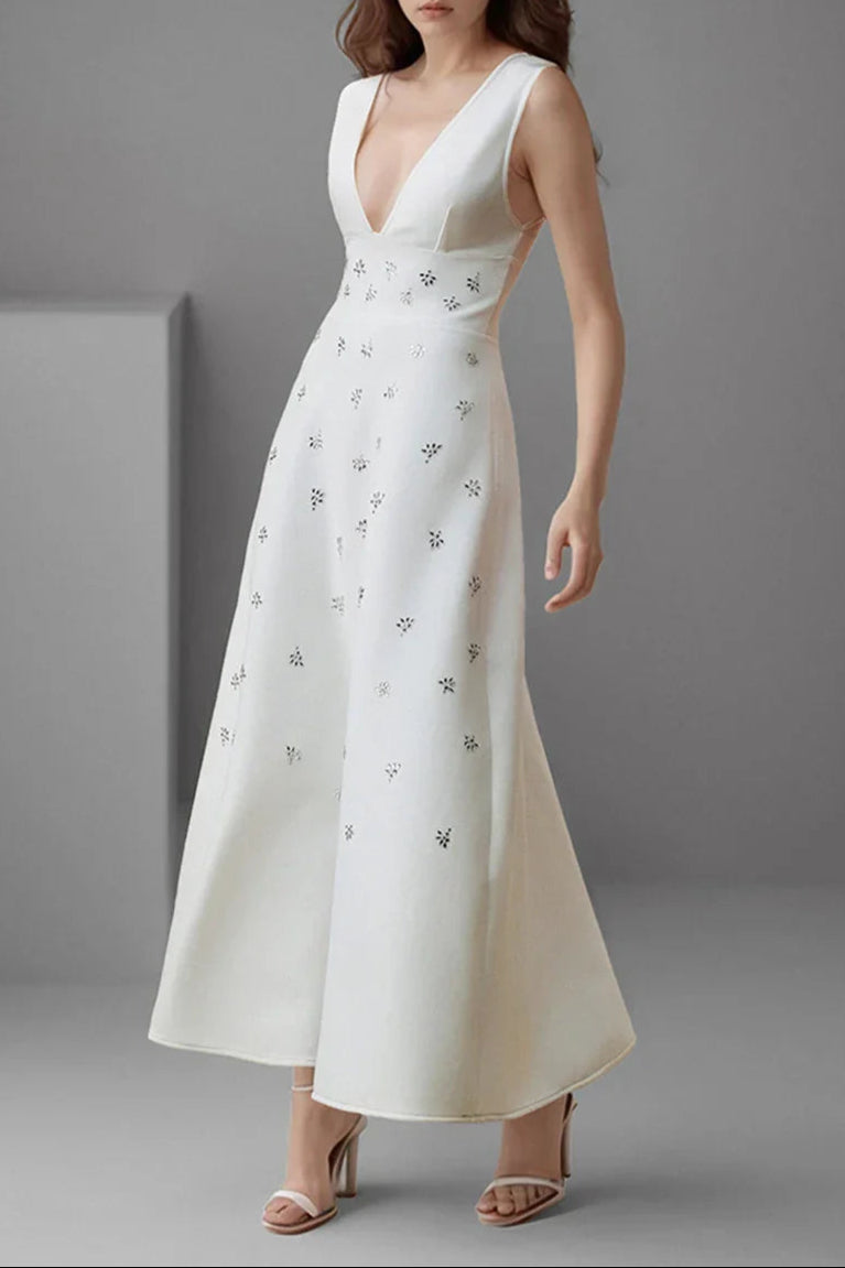 Diamond V-Neck Midi Dress in White