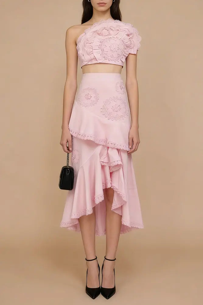 Ruffled Top Floral Embroidered Skirt Set - Pink