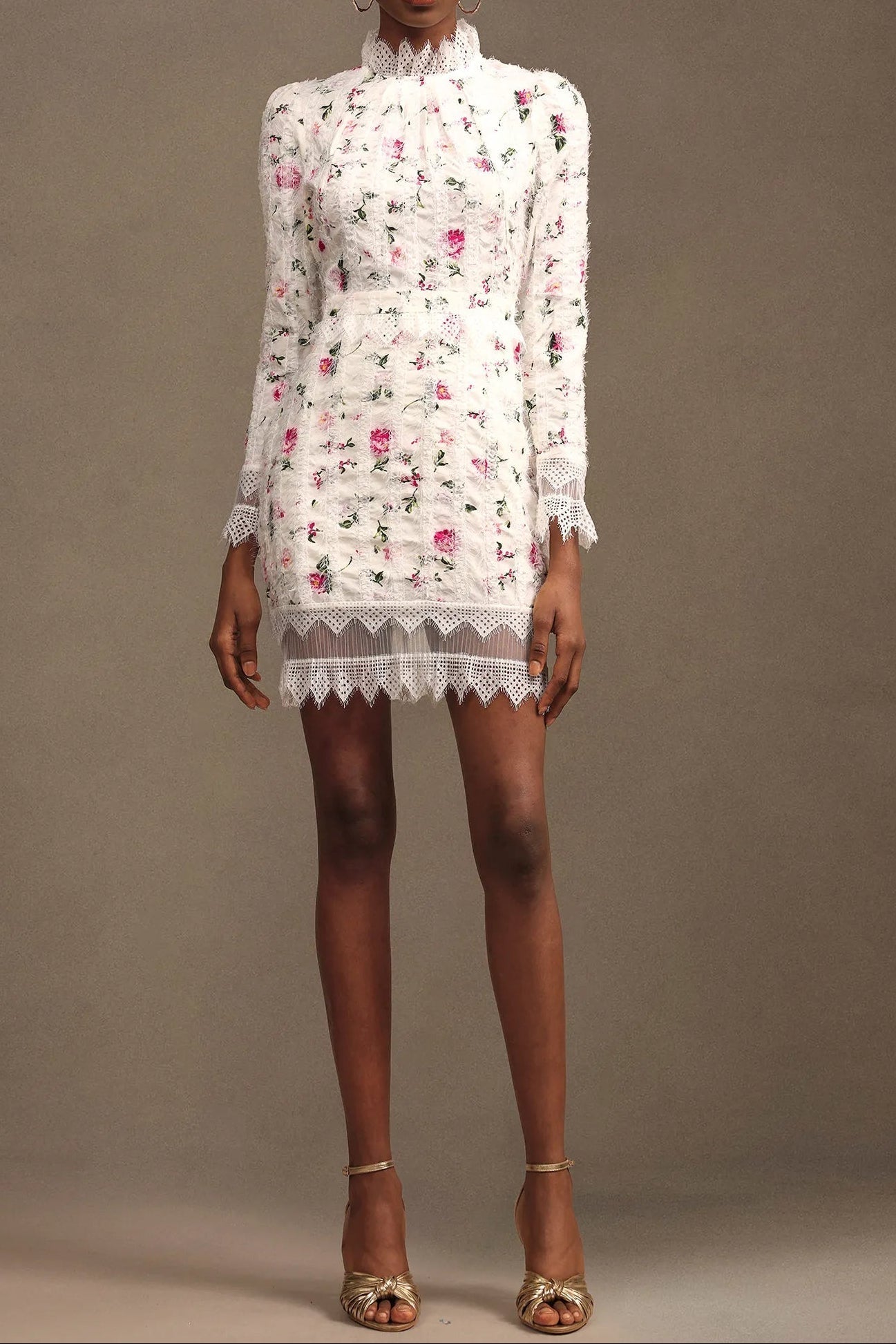 Lace-Trim Long-Sleeve Floral Midi Dress in White