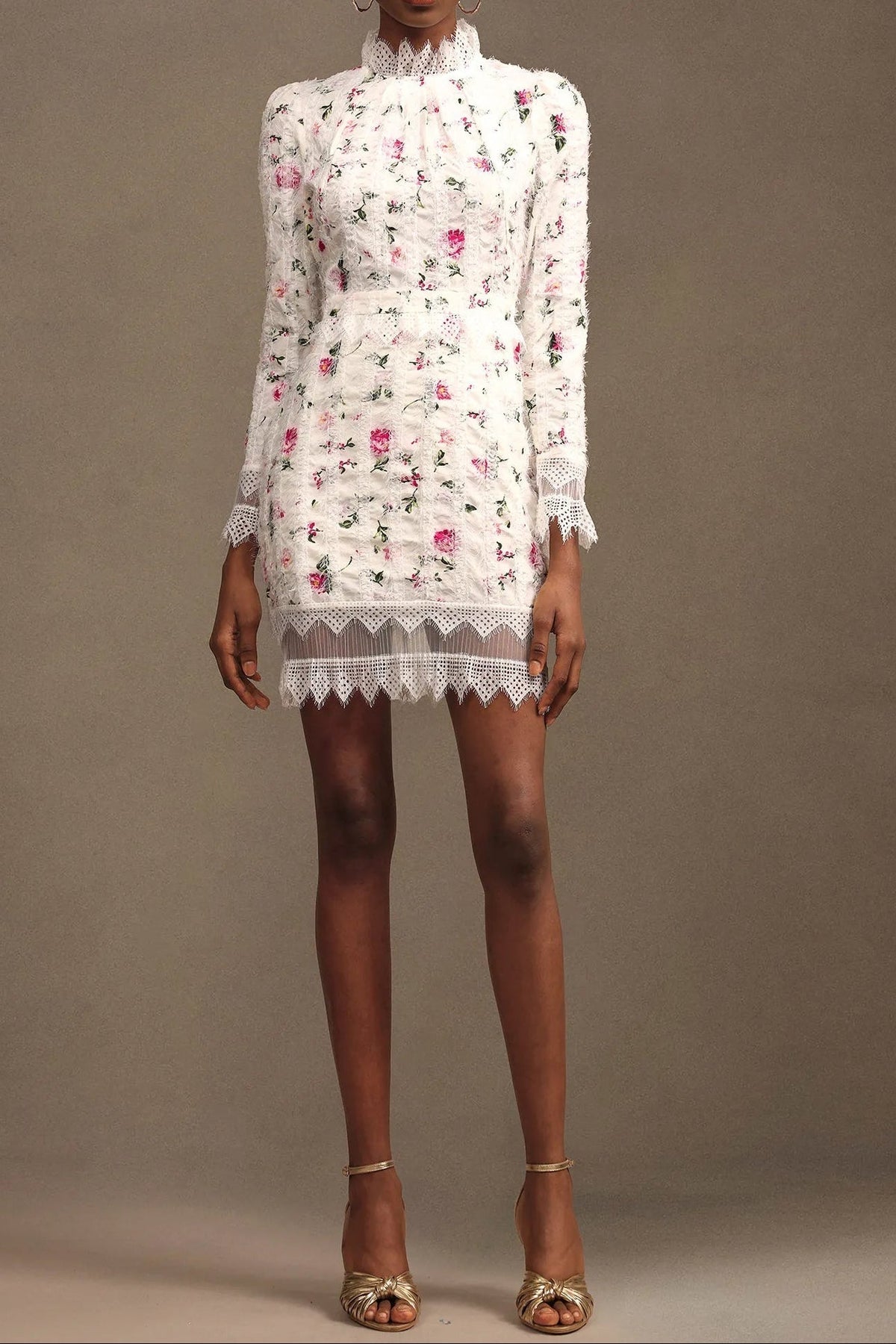 Lace-Trim Long-Sleeve Floral Midi Dress in White