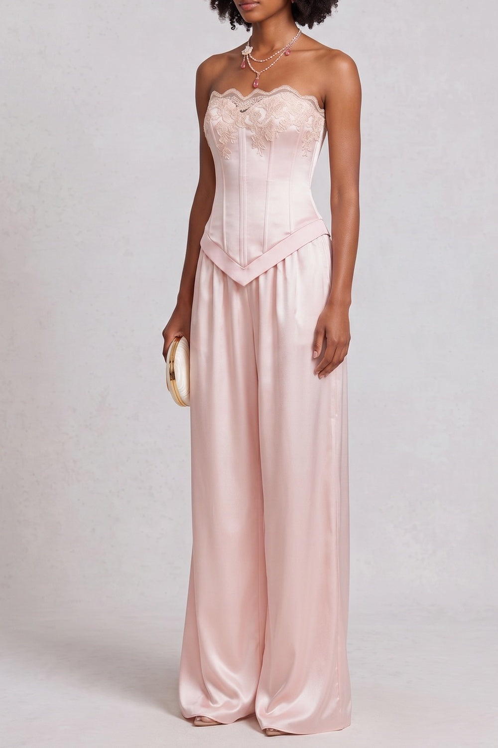 Lace Trim Satin Top & Wide Leg Pant Co-ord Set