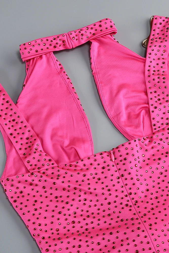 Crystal Embellished Cutout Maxi Dress in Rose Red