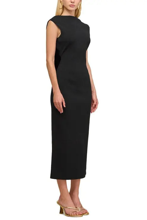 Black Sleeveless Backless Knit Midi Dress with Two Golden Embellishments