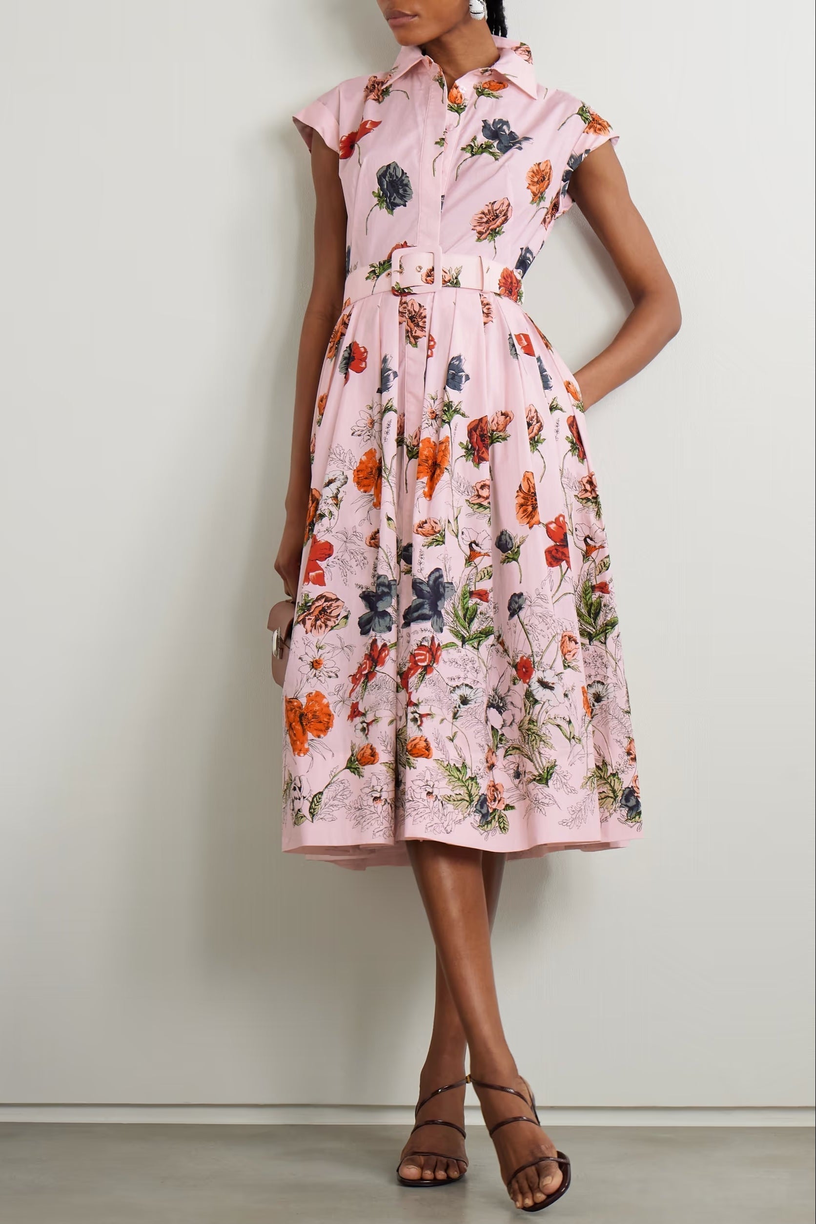 Floral-Print Cotton-Poplin Midi Shirt Dress - Pink