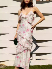 Floral Ruffle Maxi Dress - Pink & Lvory