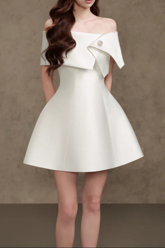 BriOne-Shoulder Satin Mini Dress in Apricot