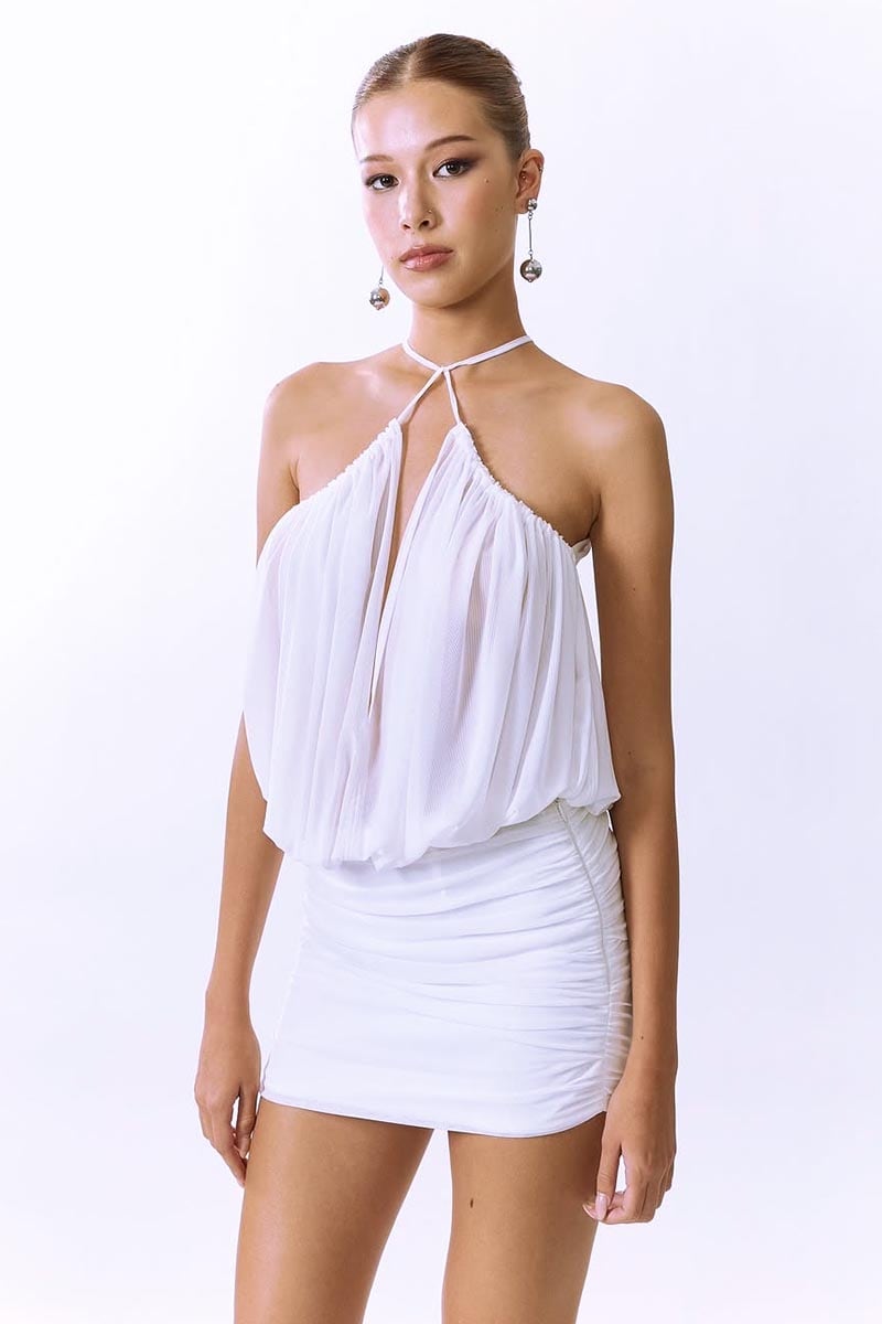Ruched Halter Bodycon Mini Dress in White